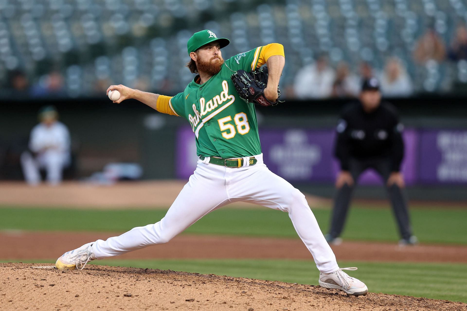 Paul Blackburn pitches during a Houston Astros v Oakland Athletics game.